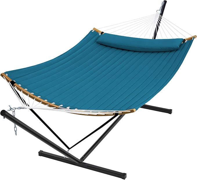 SUPERJARE Curved-Bar Hammock with Stand, 2 Person Heavy Duty Hammock Frame, Detachable Pillow & Portable Carrying Bag, Perfect for Outdoor & Indoor, Peacock Blue by SUPERJARE