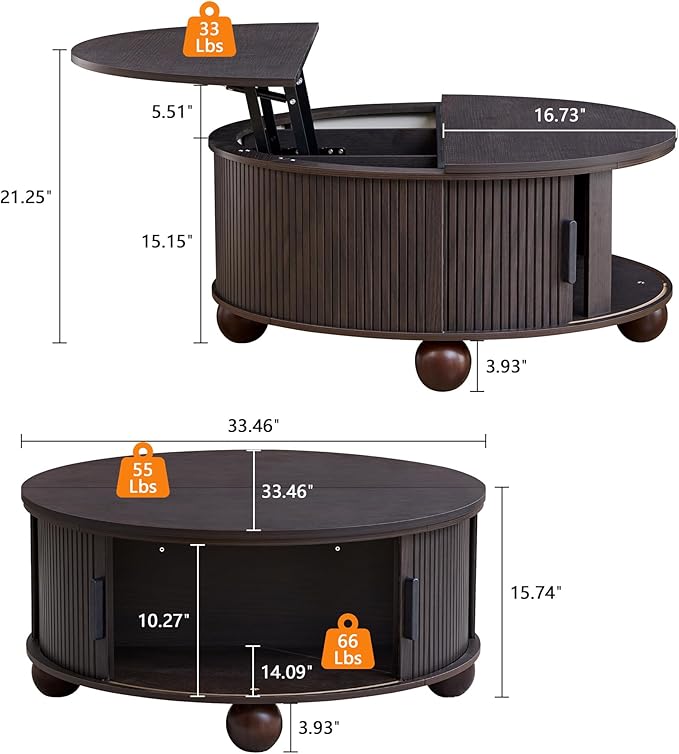 Round Lift Top Coffee Table with Hidden Storage, 33.5'' Mid-Century Modern Fluted Coffee Table with Sliding Tambour Door & Solid Wood Legs, Circle Center Table for Living Room, Small Space (Black)