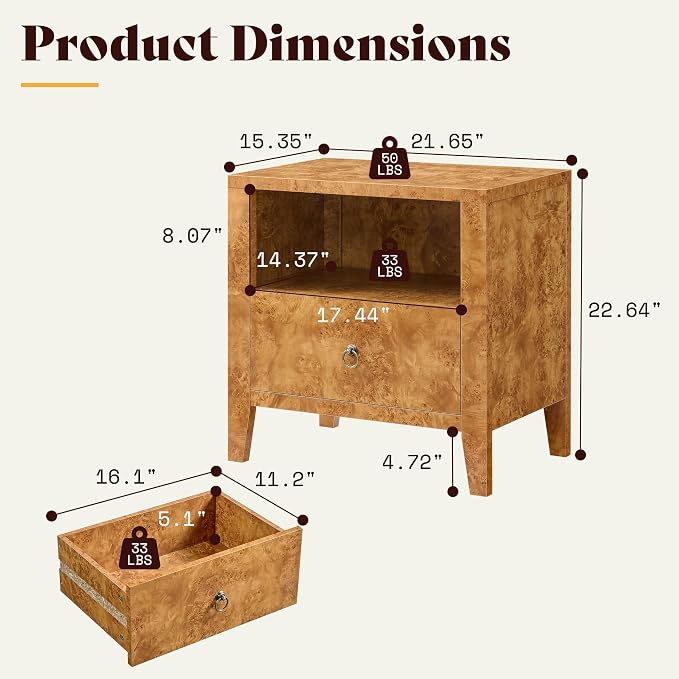 AMERLIFE Mid-Century Modern Nightstand Set of 2 with Drawer, High Gloss Burl Wood Bedside Table, Ample Storage Side Table for Bedroom, Retro Accent End Table, Yellow - Image 2