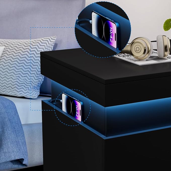 30.5” Smart Nightstand with Charging Station & LED Lights, 3-Drawer Night Stand Bedside Table with Sliding Top & Anti-Tip Design, Modern End Table for Bedroom and Living Room (Black) - Image 5