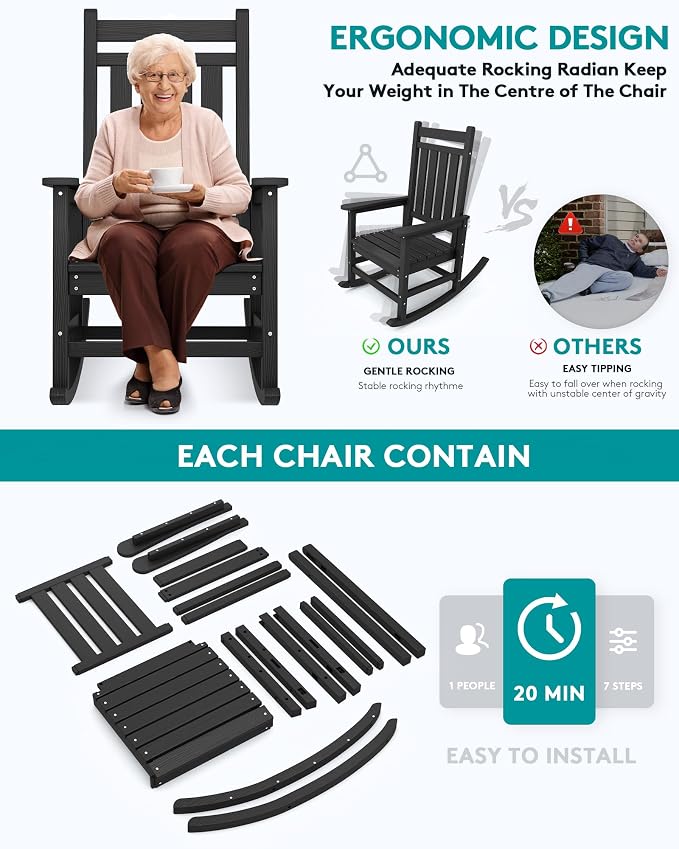SERWALL Outdoor Rocking Chair Set of 2, HDPE Rocking Chairs for Adult, Black - Image 6