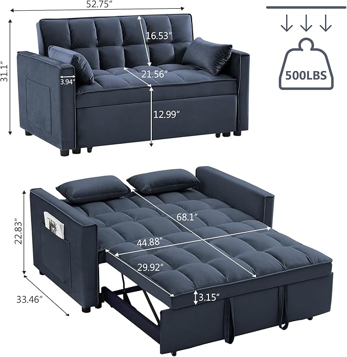 3 in 1 Sleeper Sofa Bed, Pull Out Couch, Convertible Futon Loveseat with krest, Dinotefuran Living Room Chaise Lounr Home Apartment Office, Black