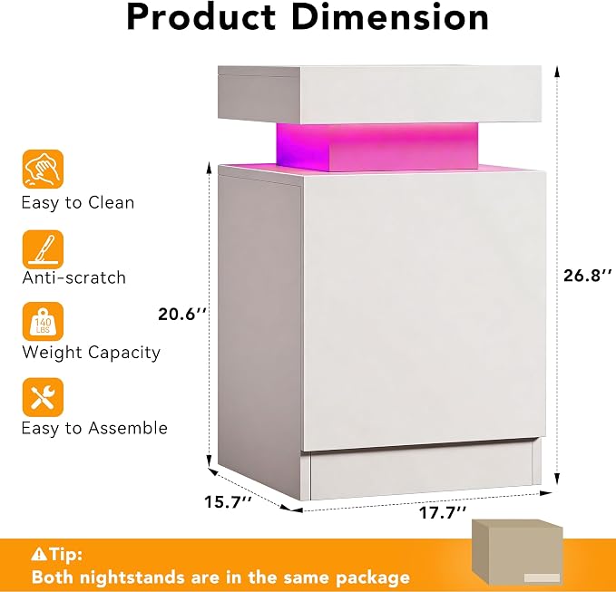 MXV Nightstands Set 2, 17 Inches LED Night Stand Set of 2, Modern Bedside Table, High Gloss Surface, End Table with Storage for Bedroom, White - Image 2