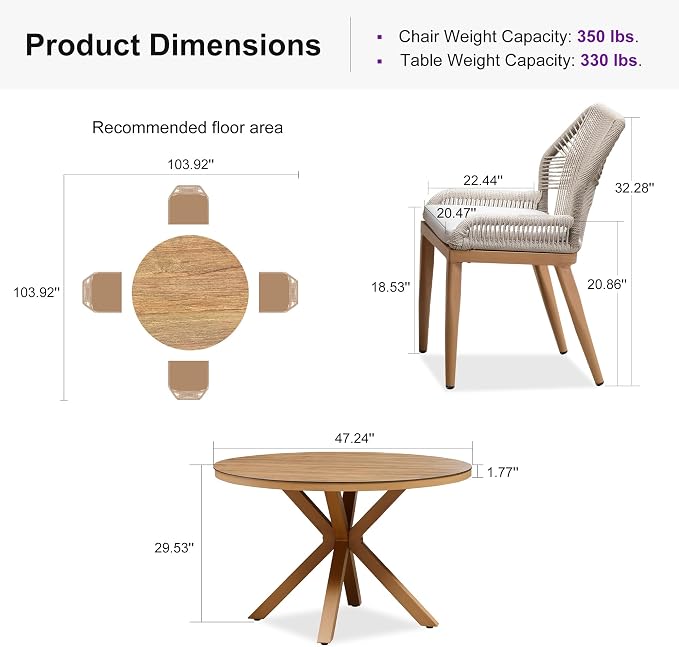 PURPLE LEAF 5 Pieces Round Dining Set Patio Aluminum Modern Oversize Round Table and Wicker Chairs with Cushions for Kitchen Porch Garden Outdoor Furniture Sets, Teak - Image 9