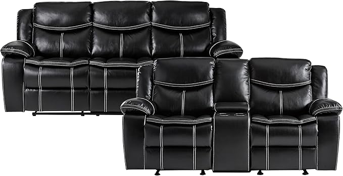 Lexicon Bay Manual Reclining Living Room Sofa Set, 2-Piece, Black