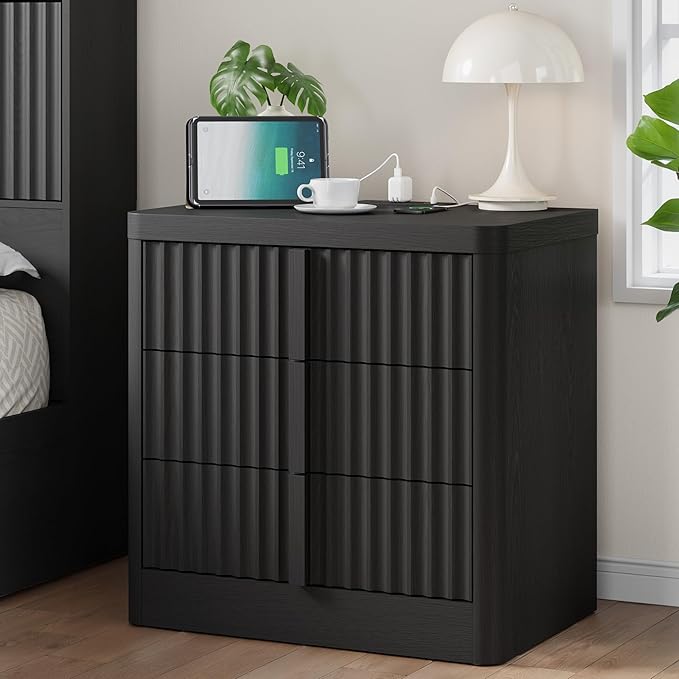 Fluted Dresser and Nightstand 4-Piece Bedroom Set, 47" Wide 6-Drawer + 49" Tall 6-Drawer Dresser and 2 of 3-Drawer Nightstand with Charging Station, Modern Bedroom Dressers Sets, Hallway, Black