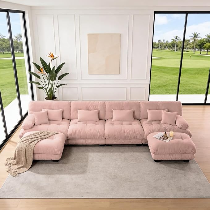 173.2" U-Shaped Cloud Couch, Oversized Modular Sectional Sofa, Deep Seat Cloud Boneless Couch, 4-Seat Modular Sectional Sofa with 2 Ottoman or Living Room,Bedroom and Apartment, Pink