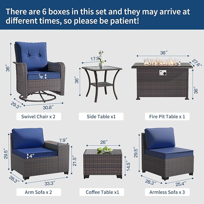 Gotland 10 Pieces Patio Furniture Set with 2 Swivel Rocking Chairs 1 Fire Pit Table, Patio Furniture in 4 Combinations with 1 Coffee Table Wide Armrests 29.5'' High Backrest, for Deck Garden Pool Navy