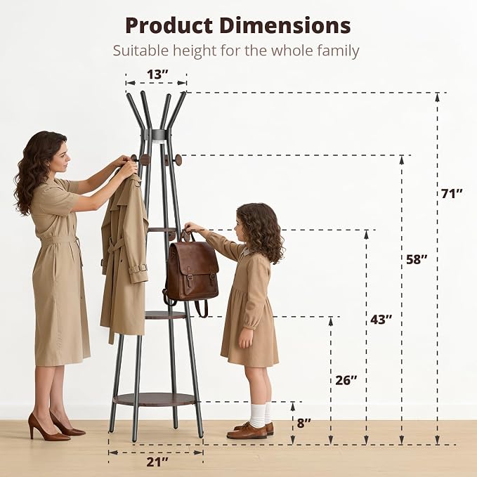 young master Coat Rack, Freestanding Coat Rack with 3 Shelves and 12 Hooks, Coat tree with Motion Sensor Light for Entryway, Livingroom, Hall Tree Free Standing for Coats, Scarves, Handbags, Black - Image 6