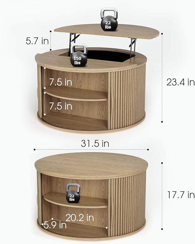 Round Lift Top Coffee Table, 31.5” Mid Century Modern Center Table with Hidden Storage, Fluted Circle Coffee Tables for Living Room, Home Office, Oak
