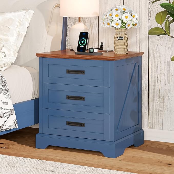 Whalefall Farmhouse Nightstand with Charging Station, 3 Drawers Bedside Table, 22 inch Wide End Table for Bedroom, Blue by Whalefall