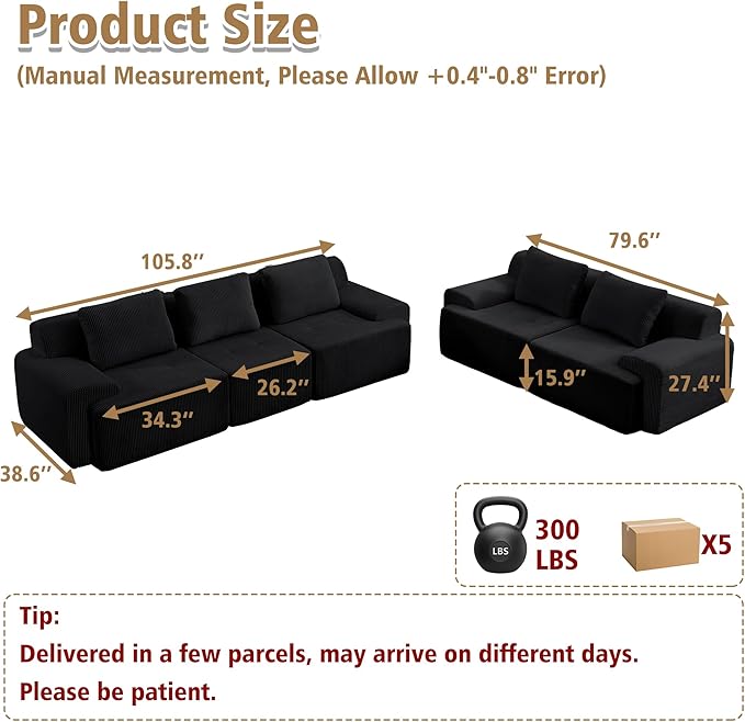 KIGOTY Modular Sectional Sofa Set, 5 Pcs Comfy Cloud Sectional Couch with Deep Seat, Modern Boneless Couch for Living Room, No Assembly Required,Black