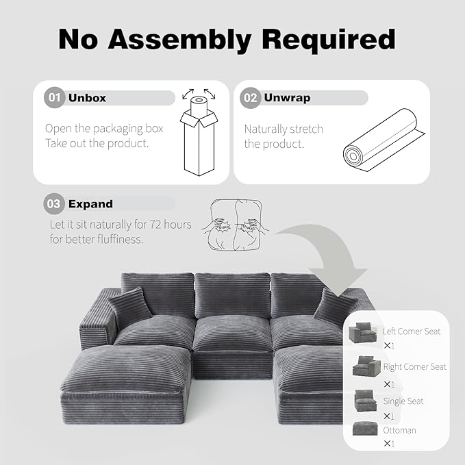 Ball & Cast 108" Cloud Sectional Couches for Living Room,Convertible L Shaped Couch with Deap Seat & Movable Ottoman,3 Seater Modular Sectional Sofa,Free Combination,No Assembly Required,Grey