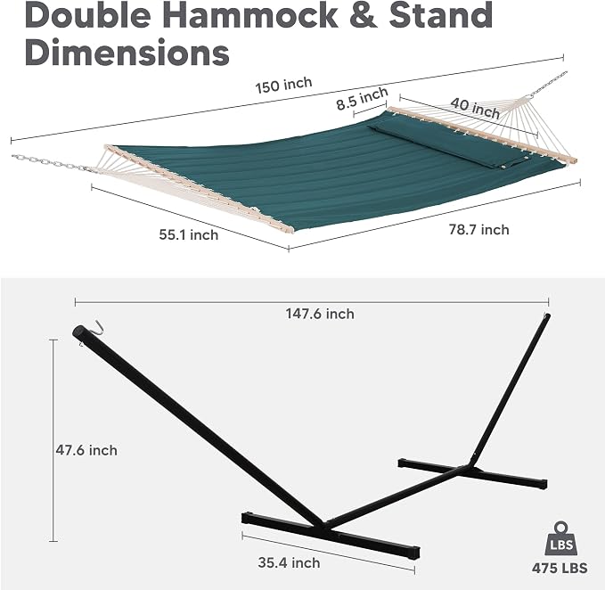 SUNCREAT Hammocks Extra Large Double Hammock with 12 ft Stand for Outside, 475lbs Capacity, Outdoor Portable Hammock with Hardwood Spreader Bar, Extra Large Pillow, Dark Green - Image 4