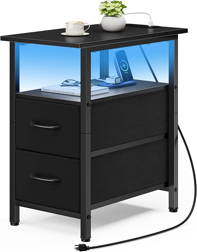 Vagusicc Black Nightstand with Charging Station and LED Lights, Narrow Side Table, LED Night Stand with 2 Fabric Drawers, Bedside Table with USB Ports and Outlets, Tall Nightstand for Bedroom, Black by Vagusicc