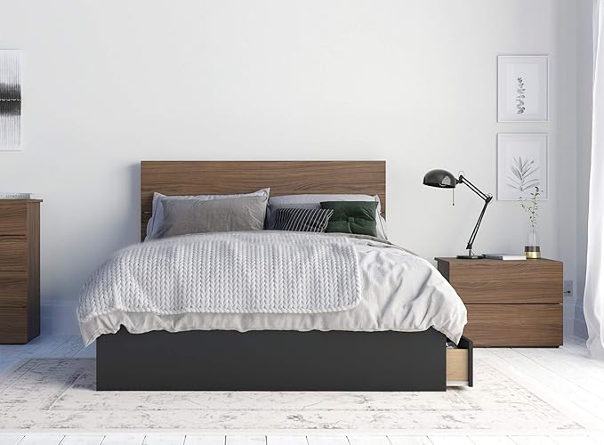 Nexera 3-Piece Bedroom Set with Bed Frame, Headboard & Nightstand, Full|Walnut & Black