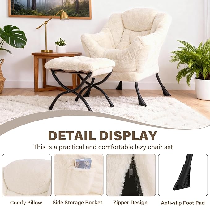 Lazy Chair with Ottoman, Modern Accent Chair Sofa Chair with Armrests, Reading Chair and Folding Footstool for Living Room, Bedroom, Office, Plush Beige