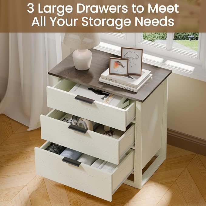 Rresyet 26 inch Wide Night Stand with Spacious Storage Set, 3 Drawer Nightstand Set of 2,Wooden Side Table for Bedroom & Office (White) - Image 4