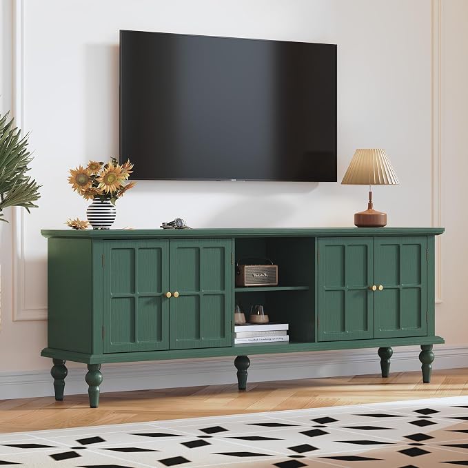 3More 67" Mid Century Modern TV Stand with Window Design,Wood Entertainment Center with Open Shelf,Up to 70" Media TV for Living Room or Bedroom,Green - Image 3