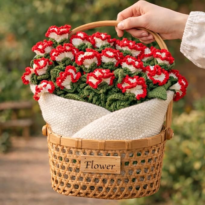 Personalized Handmade Crochet Rose Flower Blanket Bouquet – Custom Name Gift for Mother's Day, Valentine’s Day, Mom or Girlfriend（Carnations）