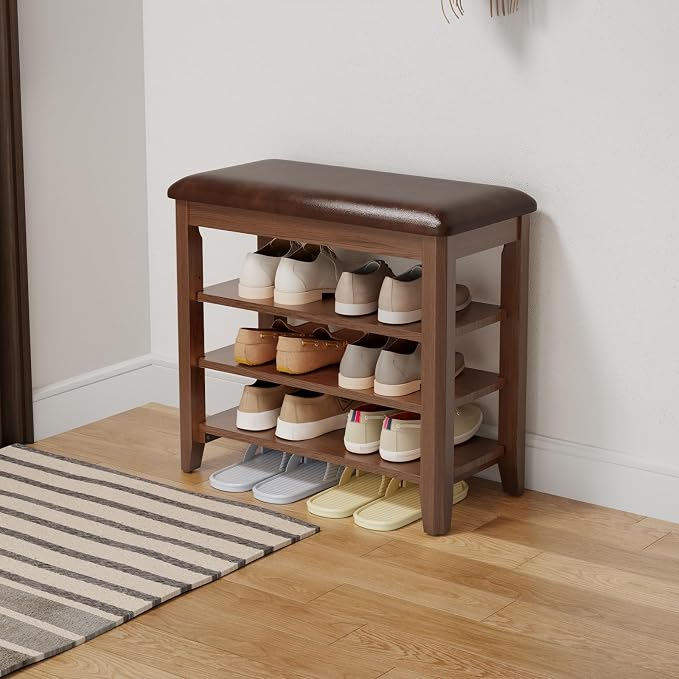 AQIMUELE Shoe Bench with Leather Cushion, 3 Tiers Shoe Storage Bench Height Adjustable, Walnut Wood Entryway Bench for Hallway, Mudroom by AQIMUELE