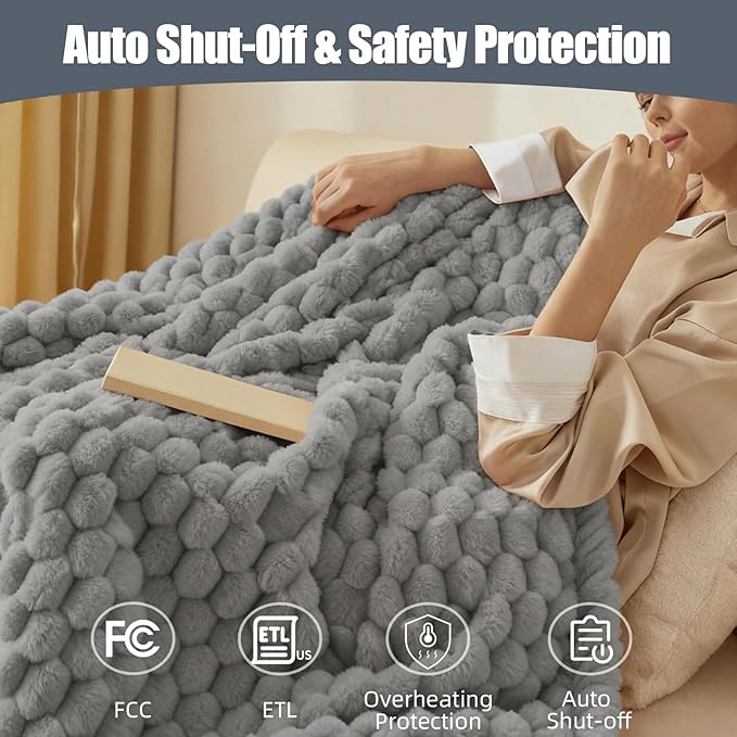 Eastsora Heated Blanket Electric Blanket Heating, Dual Control Soft Ribbed Faux Fur Electric Blanket with 12 Heat Levels 12H Timer ETL FCC Certified Machine Washable (Gray, King Size - 90" x 100")