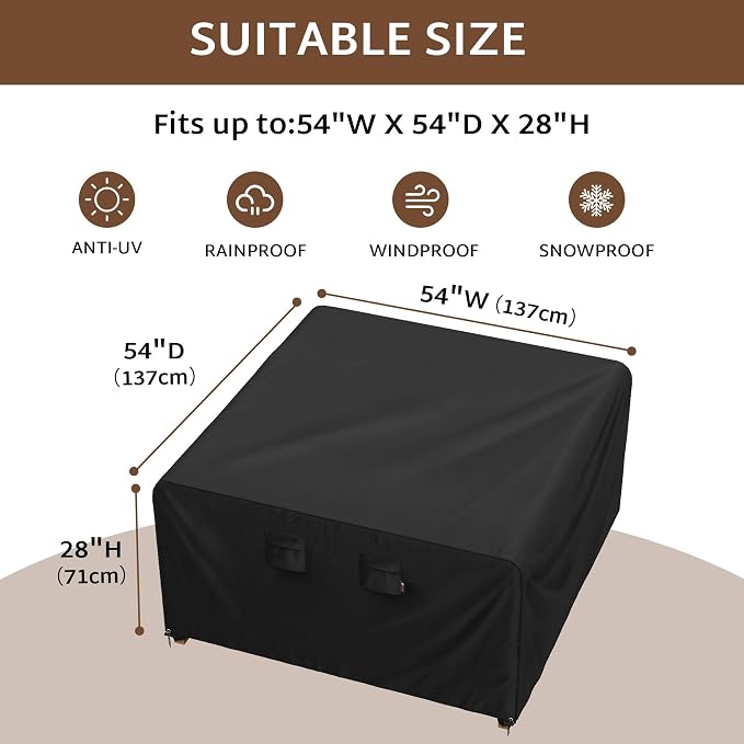 iBirdie Outdoor Patio Furniture Set Covers 54 x 54 inch fit 4 x 4 ft, 54, 52, 50 inch Wide, Waterproof Weatherproof Square Cover, Heavy Duty 600D for Outside Dining Table and Chairs - Image 2