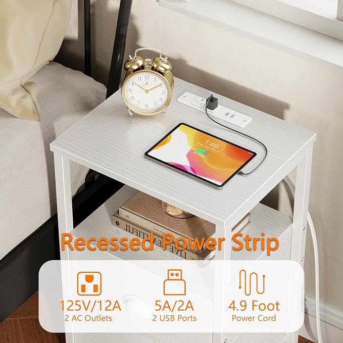 Furologee LED Night Stand with Charging Station, White Nightstand with Fabric Drawers, Bedside Table with Storage Shelf, End Table for Living Room/Bedroom/Dorm - Image 5