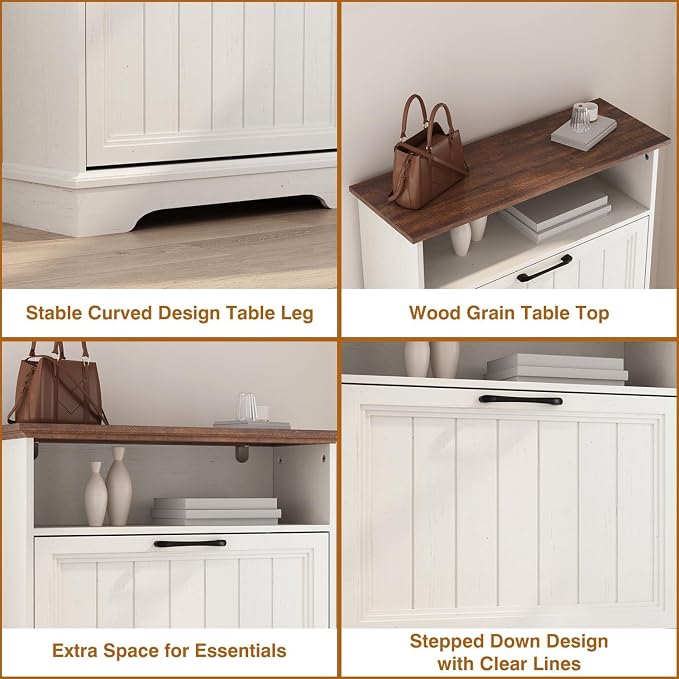 Shoe Storage Cabinet with 2 Flip Drawers, 24" W Farmhouse Modern Hidden Shoes Rack Cabinet with Adjustable Shelves & Open Storage, Narrow Slim Shoe Organizer for Entryway, Hallway, Antique White - Image 7