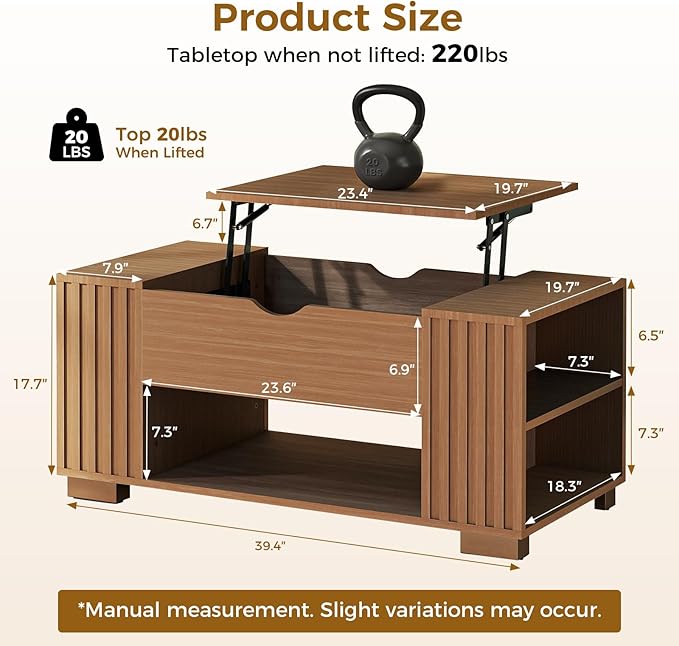 COMHOMA Lift Top Coffee Table for Living Room, 39" Center Table with Hidden Storage Compartment, Adjustable Wooden Tea Table for Small Spaces, Dark Brown