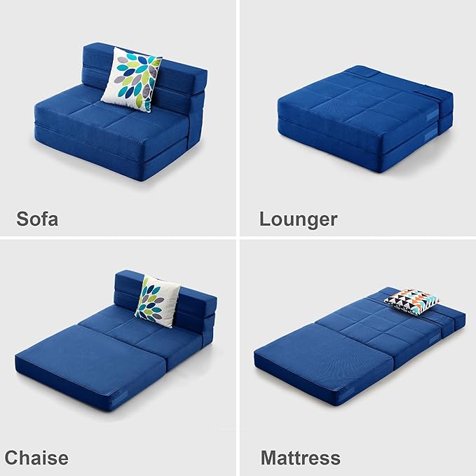 ARTPLAN Fold Sofa Bed-Sleeper Single with Pillow, Modern Futon Sleeper Chair Guest Bed with Washable Linen Cover, Foldable Mattress for Living Room, Dorm, Apartment,Dark Blue