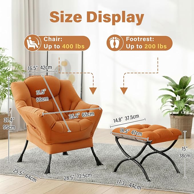 Lazy Chair and Ottoman, Large Accent Orange Velvet Chair with Side Pocket, Modern Leisure Upholstered Reading Armchair with Footrest for Office, Bedroom, Living Room, Dorm Rooms, Balcony
