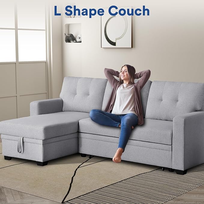 Rovibek 82" Convertible Sofa Bed Couch with Storage - 4 in 1 L Shaped Sofa with Pull Out Couch Bed for Living Room, Apartment, Office, Small Spaces, Light Grey