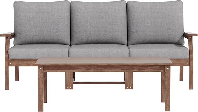 HDPE Patio Conversation Set, 4-Piece All Weather Outdoor Furniture Set with 3-Seater Modular Sofa for Deck, Lawn, with Cushion, Brown