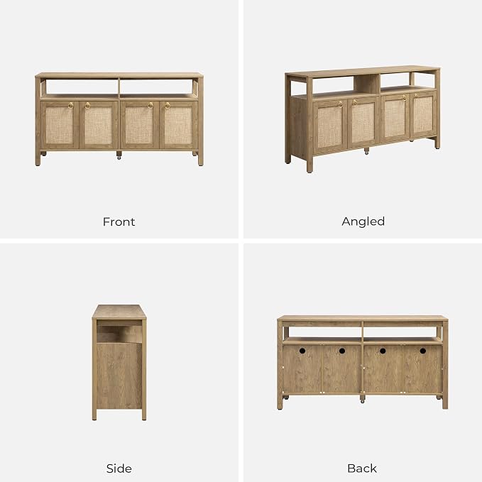 SICOTAS Rattan TV Stand for Television up to 65 Inch - 29.5" Tall Entertainment Center with Storage and Open Shelves,Boho Media TV Console Cabinet with 4-Doors and Adjustable Shelf for Living Room - Image 9