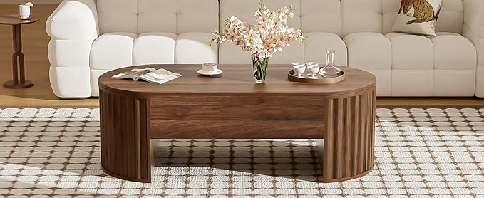 Lift Top Coffee Table with Storage Hidden Compartment, Partially Assembled Wooden Fluted Center Table, 47.2" Modern Oval Smart Lift Tabletop for Home Living Room Office-Brown