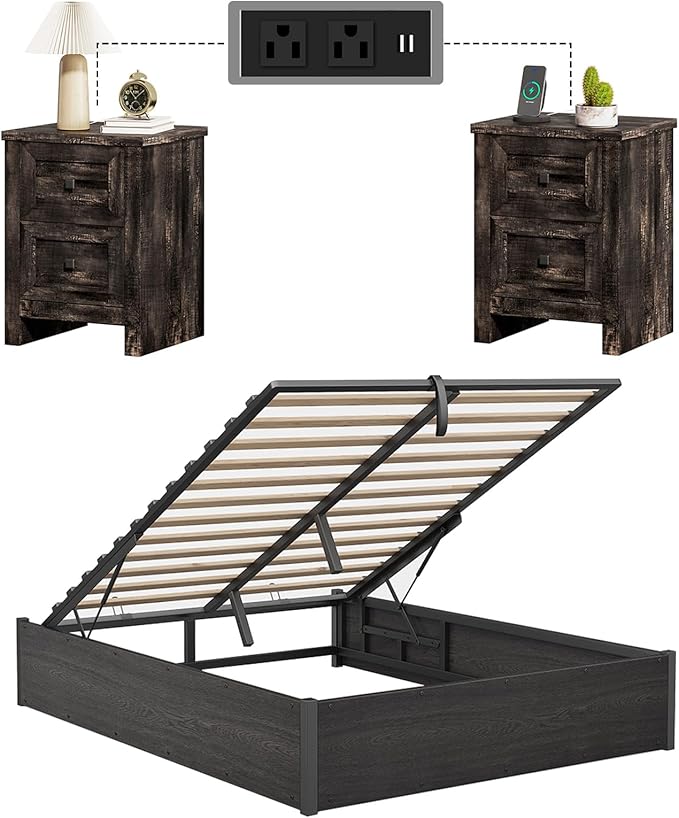 LUXOAK 3 Pieces Bedroom Sets, Includes Full Size Lift Up Storage Platform Bed Frame, 2 Drawers Farmhouse Nightstand Set of 2 with Charging Station, No Box Spring Needed, Black
