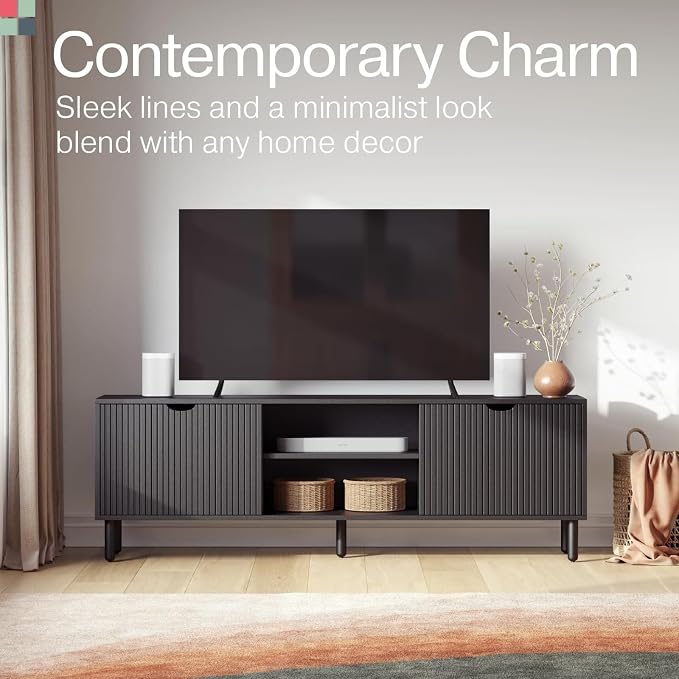 Stead Fluted Wood TV Stand - Soft-Close Doors & Adjustable Shelves TV Console with Storage - Cable Management Entertainment Center - Fluted Doors Hide Components Media Stand - Black, 70 - Image 7