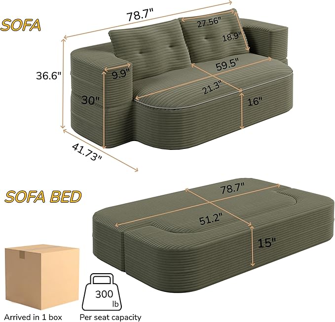 78.7" Convertible Sofa Bed, 2-in-1 Folding Floor Couch with 2 Pillows and Blanket, Plush Corduroy Fabric Sleeper Sofa for Living Room and Bedroom, No Assembly Required (Green)
