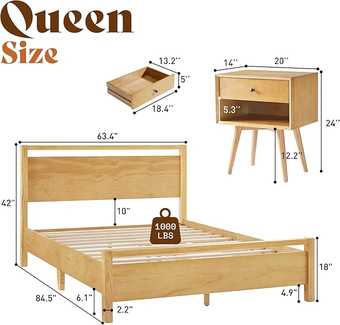 AMERLIFE 3 Pieces Solid Wood Bedroom Set, Queen Platform Bed Frame with Headboard and Fully Assembled Nightstand Set of 2 with Storage Drawer, Modern Bedroom Furniture Set, Natural