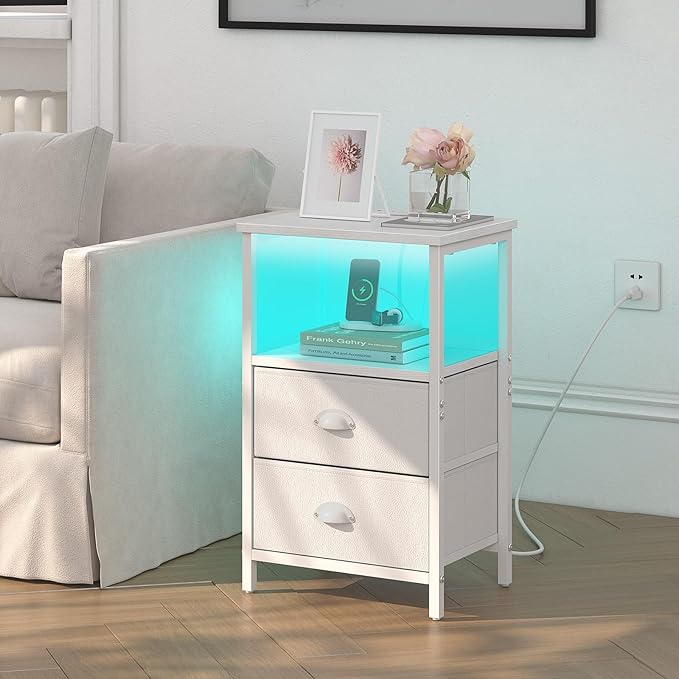 sthmec Nightstand with Charging Station, LED Night Stand Set 2, Bedside Table End Tables Set of 2, Bedroom Tables with 2 Fabric Drawers PU Finish, 3-Tier Storage Side Table for Bedroom,White - Image 2
