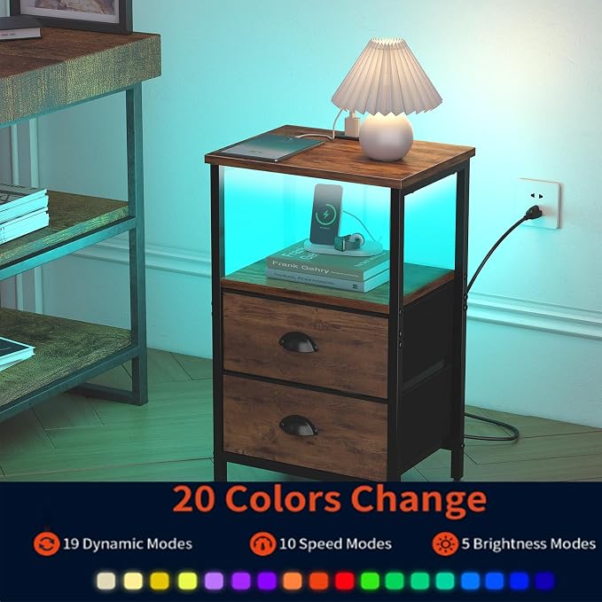 Sthmec Rustic Brown Industrial Nightstand Set of 2, Bedside Table with 2 Fabric Drawers, 3-Tier Storage, LED Light, Charging Station, 11.38''D * 15.38''W* 24.75''H - Image 5