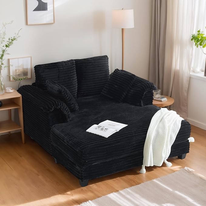 VINGLI Lounge Chair, 56" Oversized Reading Chair Corduroy Chaise Sofa Recliner Bed Upholstered Comfy Sleeper Couch with Throw Pillows and Armrests for Living Room, Movie Room, Bedroom