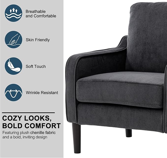 Ribilake Grey Accent Chair Set of 2 - Upholstered Armchair with Side Pockets, Comfy Living Room Arm Chair, Reading Accent Chairs for Bedroom, Living Room, Apartment, Office