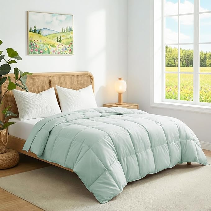 Joysoul Goose Feathers Fiber Comforter - Lightweight Ultra Soft Fabric Cover Breathable White Down Feather Fill, Light Green King Size Duvet Insert (104" X 88")