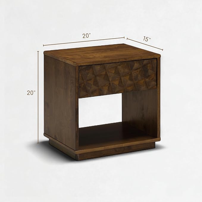 NTC Sapa Solid Wood Nightstand with 3D Carved Drawer Front – Modern Bedside Table with Open Shelf, Easy Assembled - Dark Walnut - Image 2