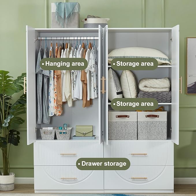 GraceGrove Wardrobe Closet Cabinet with 4 Drawers Large Wardrobe Closet with 4 Doors Ample Storage Capacity, Tall Wood Armoires and Wardrobes with Hanging Rail for Bedroom White