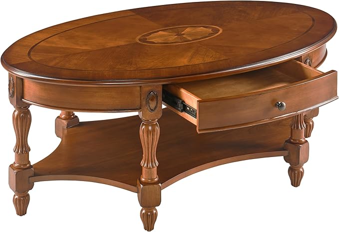 Solid Wood Coffee Table with Drawer and Storage Shelf, Oval Living Room Cocktail Tea Table, Traditional Center Table with Carvings Side Elegant Vintage 45”L x 27.6”Wx18.2”H Caramel Brown KFZ-1533-MG