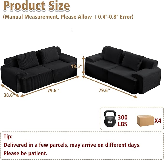 KIGOTY Modular Sectional Sofa, 4 PCS Comfy Cloud Sectional Couch with Deep Seat, Corner Sofas, Modern Boneless Couch for Living Room, No Assembly Required,Black