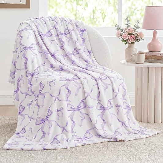 Buryeah Purple Bow Throw Blanket Valentine's Day Galentines Day Gifts Preppy Blanket Coquette 50 X60 Flannel Soft Cute Bow Lightweight Aesthetic Room Decor for Women Friends for Sofa Couch Travel Bed